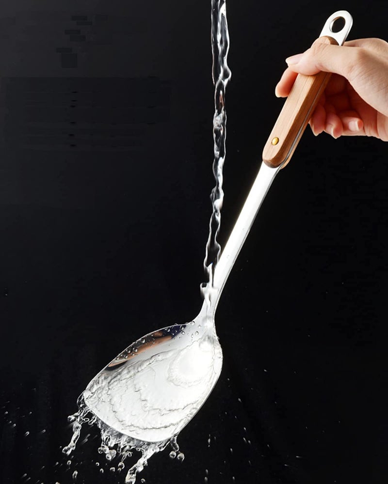 DANSR DANSR 1pc of Stainless Steel Spatula Vegetable Shovel Wooden Handle Stainless Steel Pearl Turner Perforated Server  - Image 3