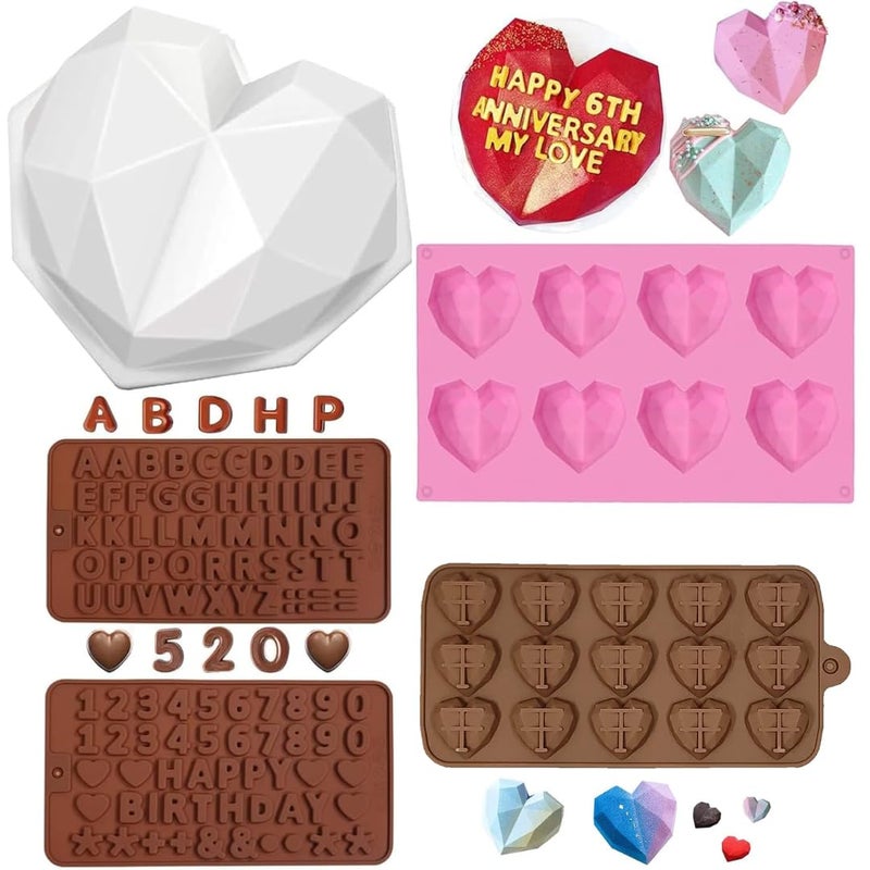 Skytail 5 Pack Breakable Heart Molds Alphabet Chocolate Molds Number Letter Mold Diamond Heart Shape Large Breakable Heart Molds Baking Valentines Day Cake Chocolate Candy Making DIY Couple Gifts - Image 1