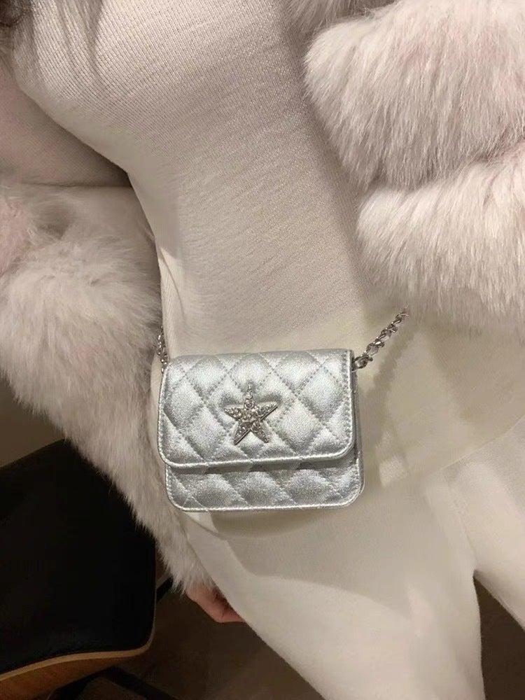 Bags Style Small Fragrant Style Silver With Diamond Stars Small Square Bag Mini Quilted Chain Crossbody Bag Waist Bag For Women - Image 3