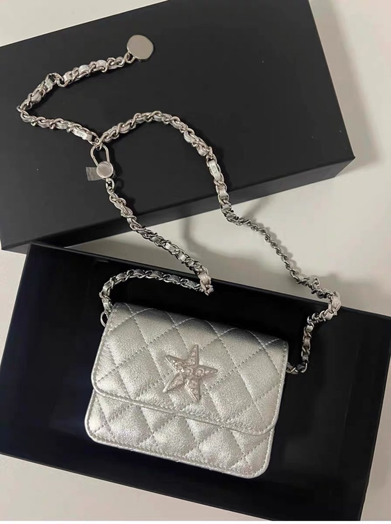 Bags Style Small Fragrant Style Silver With Diamond Stars Small Square Bag Mini Quilted Chain Crossbody Bag Waist Bag For Women - Image 2