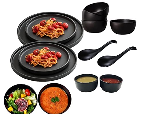 DECOR VIBES Melamine Matt Black Dinner Set for Kitchen, Serving Platters and Plate for Party, Dinnerware Sets for Dining Table, Serving Bowls and Tray (for 2 Person, Pack of 14 pcs) - Image 1