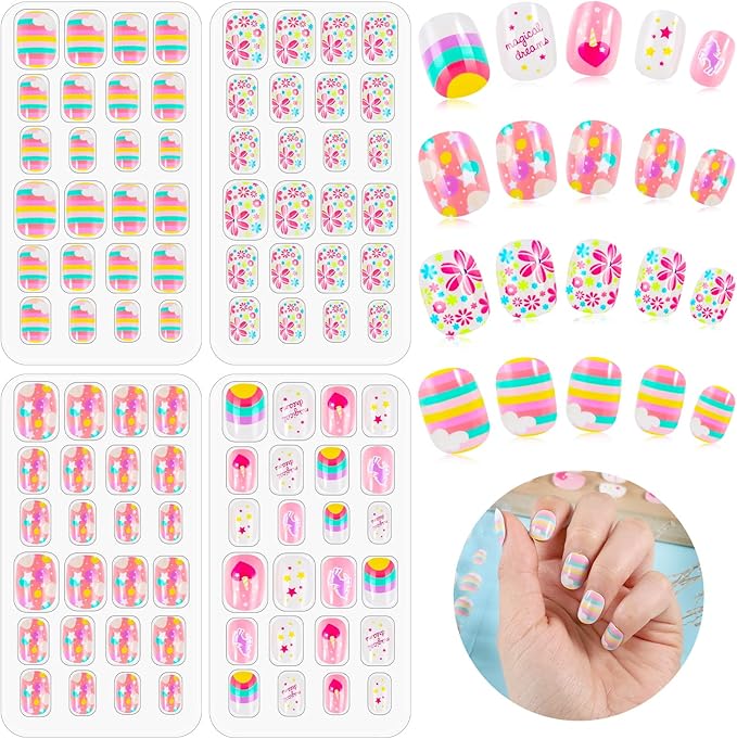 Medo 96 Pcs Kids False Nails Kids Stick on Nails Children Press on Fake Nail Tip Cartoon Children Full Cover Short Fingernail Preglued Fake Nail Stickers for Girls  - Image 1