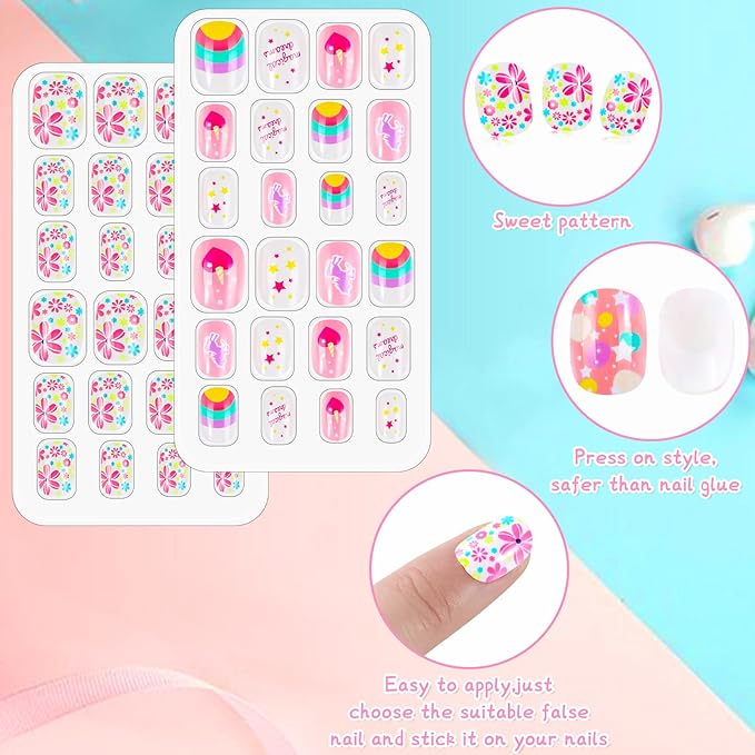 Medo 96 Pcs Kids False Nails Kids Stick on Nails Children Press on Fake Nail Tip Cartoon Children Full Cover Short Fingernail Preglued Fake Nail Stickers for Girls  - Image 3