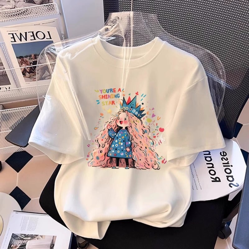 Cotton Short-Sleeved T-Shirt Women'S Summer Arrival Loose Round Neck All-Match Printed Shoulder Half-Sleeved T-Shirt Top Ins - Image 3