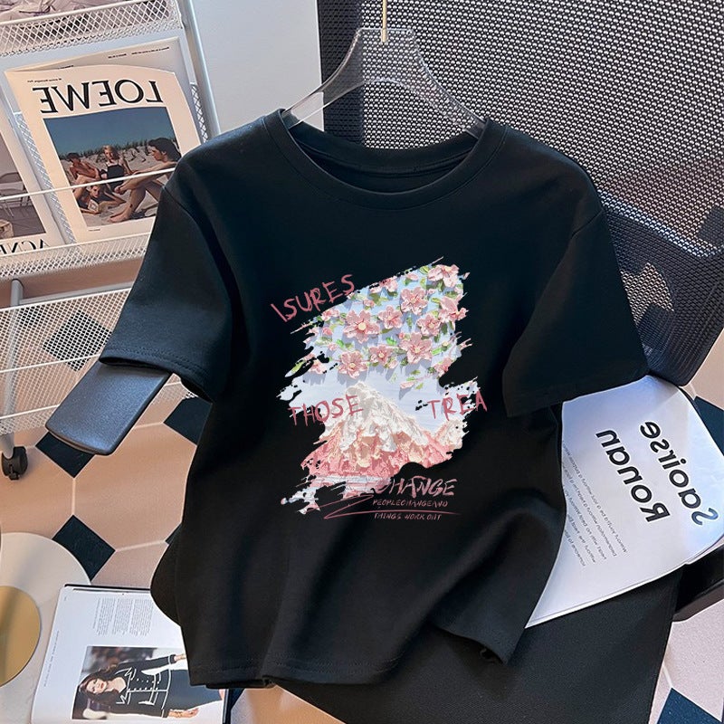 Cotton Short-Sleeved T-Shirt Women'S Summer Arrival Loose Round Neck All-Match Printed Shoulder Half-Sleeved T-Shirt Top Ins - Image 1