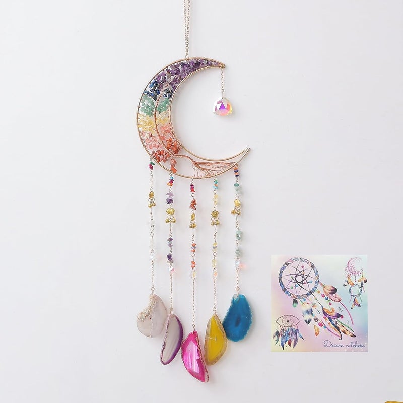 Dreamsum 7 Chakra Wind Chimes Tree of Life Agate Moon Dream Catchers Hanging Ornament Natural Gem Agate Slice Crystal Wind Chime for Home Garden Decoration (Color) - Image 1