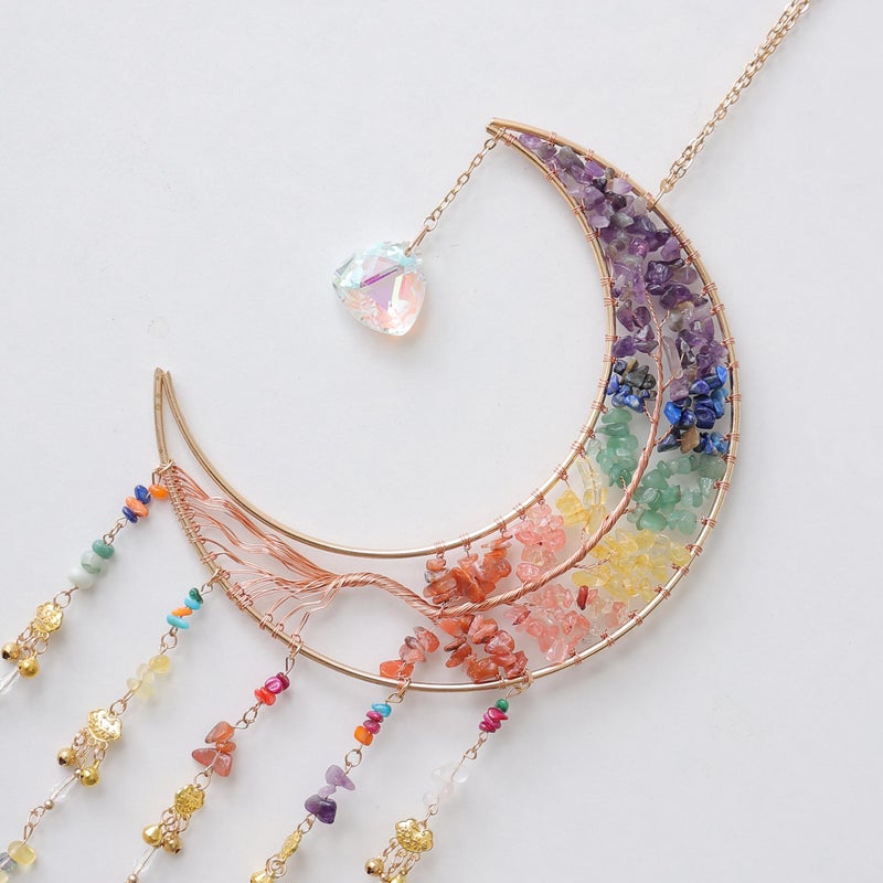 Dreamsum 7 Chakra Wind Chimes Tree of Life Agate Moon Dream Catchers Hanging Ornament Natural Gem Agate Slice Crystal Wind Chime for Home Garden Decoration (Color) - Image 4