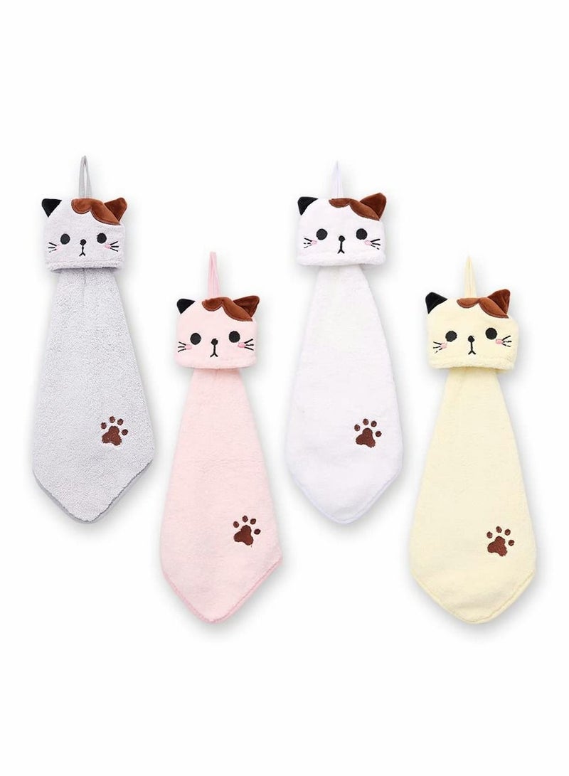 Cute Hand Towels, 4 Pack Bathroom Towels with Hanging Loop Children Animals Towel, Microfiber Coral Fleece Absorbent Towel for Kitchen Bedroom - Image 1