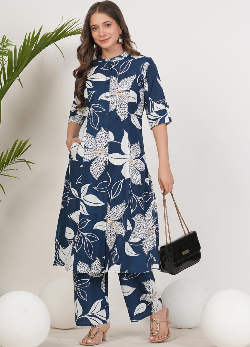 rytras Women's Pure Cotton Printed Ethnic Wear A-Line Kurta Set with Palazzo Pants(RYT648,Blue,S) - Image 3
