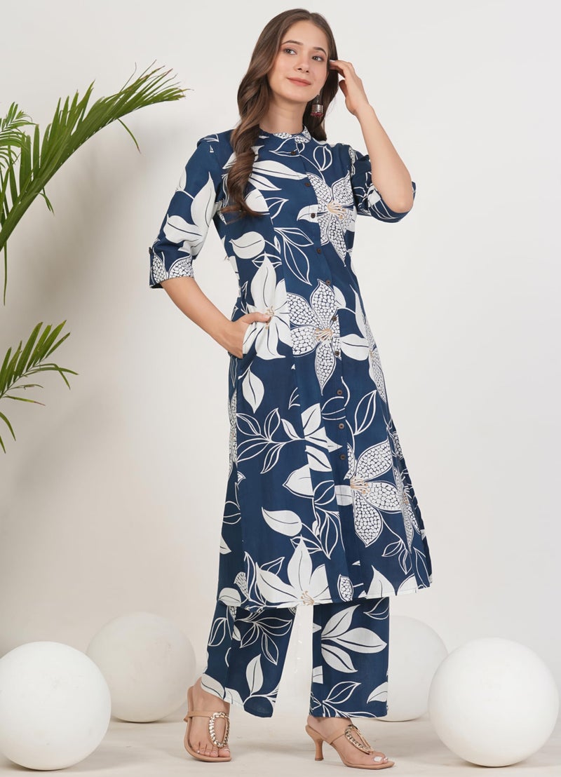 rytras Women's Pure Cotton Printed Ethnic Wear A-Line Kurta Set with Palazzo Pants(RYT648,Blue,S) - Image 4