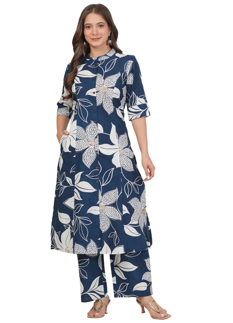 rytras Women's Pure Cotton Printed Ethnic Wear A-Line Kurta Set with Palazzo Pants(RYT648,Blue,S) - Image 1