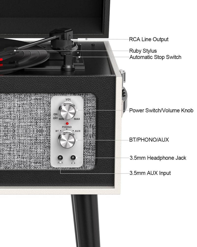 TANLANIN Vintage Standing Black Vinyl Record Player with Detachable Legs, Built-in 4 Speakers, USB to PC Encoding, 33/45/78 RPM LP Player Bluetooth Retro Turntables Support Headphone Jack, RCA Out, AUX in - Image 5