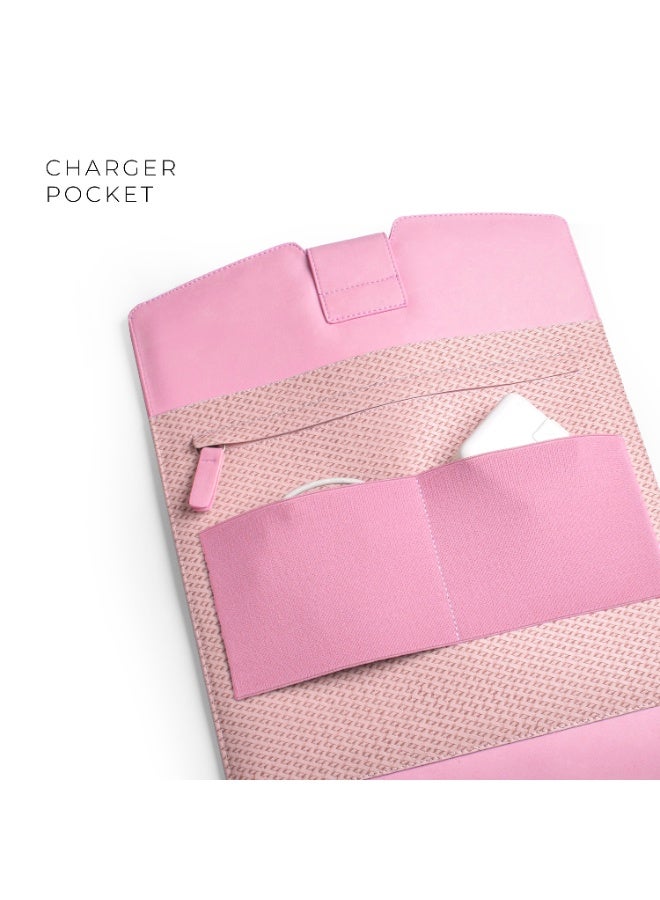 جراب احترافي لأجهزة الكمبيوتر المحمولة مقاس 14 بوصة - جراب منظم من الجلد الصناعي مع جيوب لجهاز iPad والشاحن (وردي) - Image 4