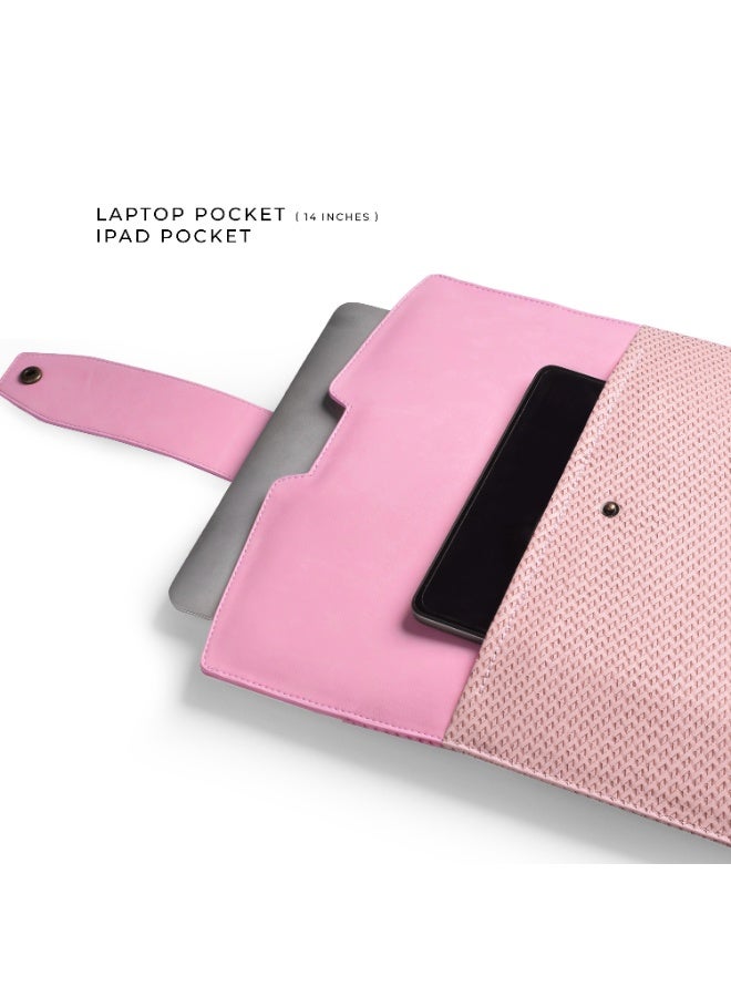 جراب احترافي لأجهزة الكمبيوتر المحمولة مقاس 14 بوصة - جراب منظم من الجلد الصناعي مع جيوب لجهاز iPad والشاحن (وردي) - Image 5