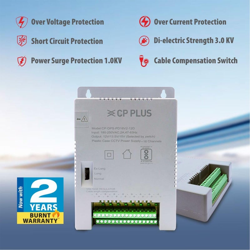 CP PLUS مزود طاقة CCTV 16 قناة SMPS | محول عالي الكفاءة 12V 8A مع مؤشرات LED | فلتر EMI | حماية من الحمل الزائد والدوائر القصيرة لكاميرات القبة، الرصاصة و PTZ | CP-DPS-PD16V2-12D - Image 4