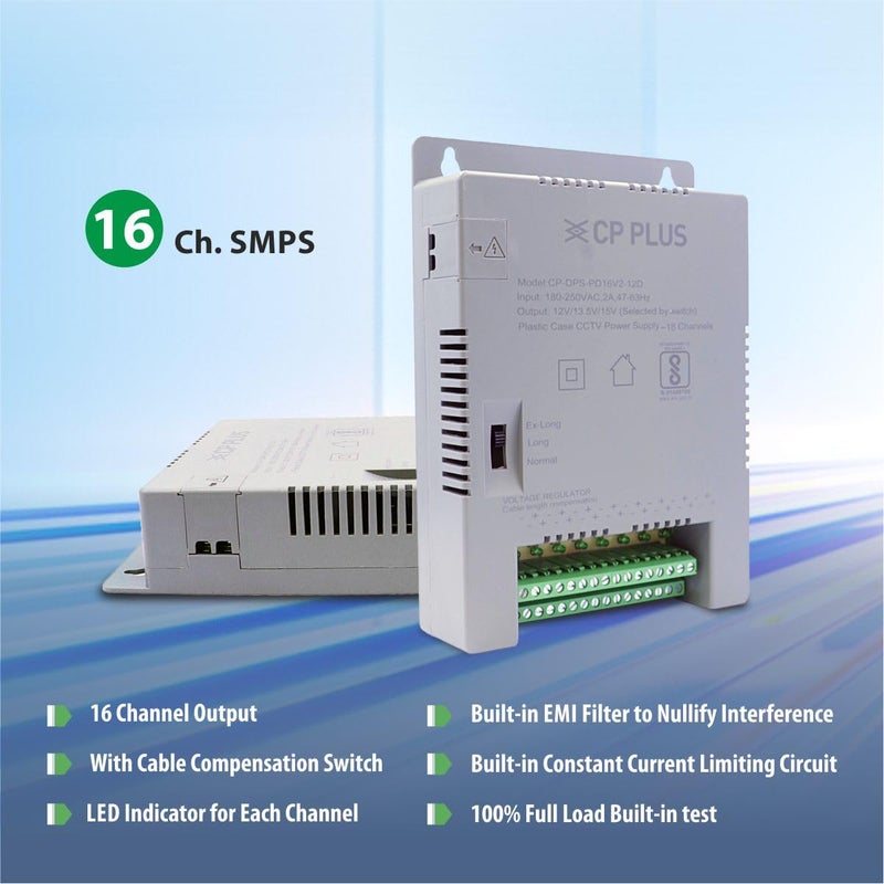 CP PLUS مزود طاقة CCTV 16 قناة SMPS | محول عالي الكفاءة 12V 8A مع مؤشرات LED | فلتر EMI | حماية من الحمل الزائد والدوائر القصيرة لكاميرات القبة، الرصاصة و PTZ | CP-DPS-PD16V2-12D - Image 3