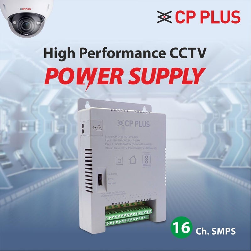 CP PLUS مزود طاقة CCTV 16 قناة SMPS | محول عالي الكفاءة 12V 8A مع مؤشرات LED | فلتر EMI | حماية من الحمل الزائد والدوائر القصيرة لكاميرات القبة، الرصاصة و PTZ | CP-DPS-PD16V2-12D - Image 2