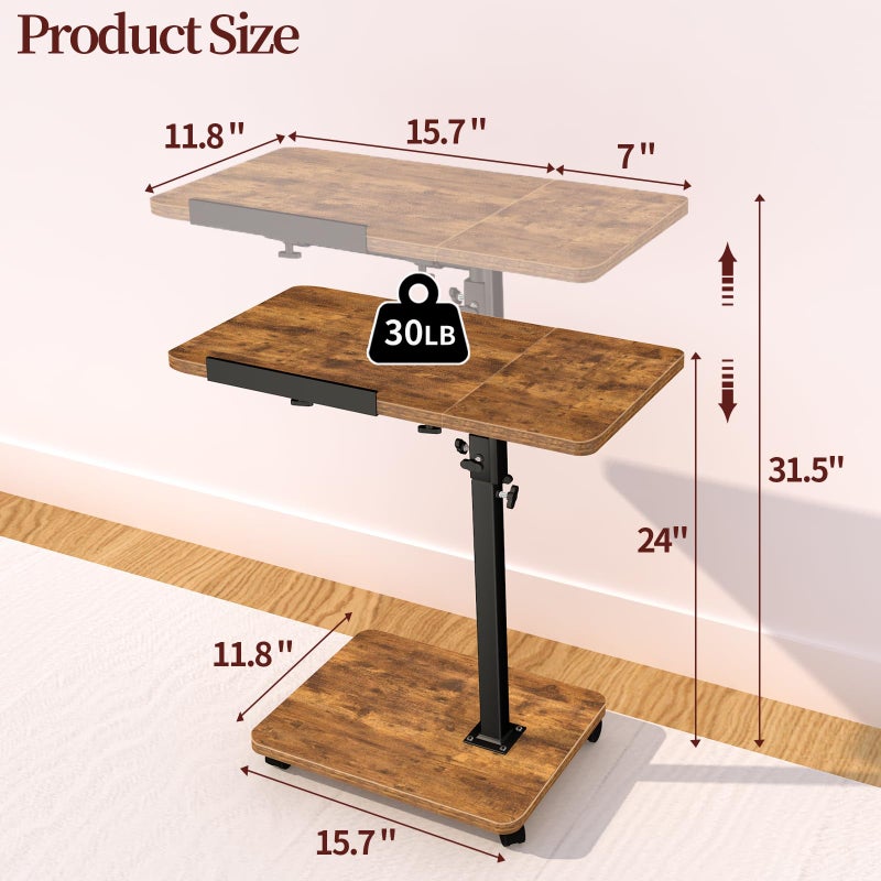 HENAYUK End Table Adjustable Height, 22.8"L Side Table Tv Tray with Wheels, 90Â° Tilting Panel Couch Table That Slides Under, Small End Table for Small Spaces, Overbed Bedside Desk Mobile Rolling Laptop Stand - Image 2