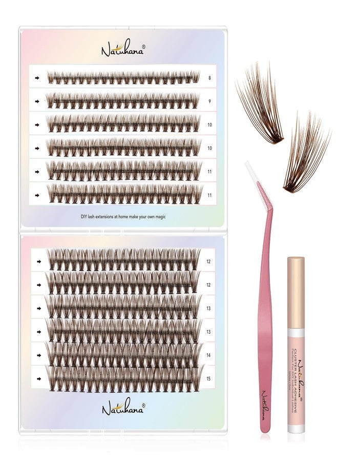 Natuhana Brown Lash Clusters Kit 240Pcs Wispy Natural Eyelash Extensions C Curl 8-15mm 30P Volume Individual DIY Lashes with Glue and Tweezers - Image 1