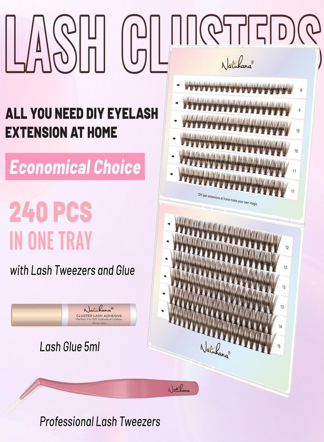 Natuhana Brown Lash Clusters Kit 240Pcs Wispy Natural Eyelash Extensions C Curl 8-15mm 30P Volume Individual DIY Lashes with Glue and Tweezers - Image 3