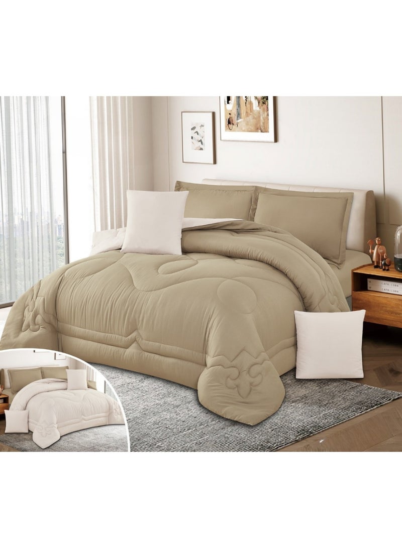 سمارت هوم مفرش صيفي  نفرين يناسب سرير مقاس 200×200 سم ، المفرش قابل للإستخدام على الوجهين، طقم مفارش بحشوة دبل ، طقم نوم مصنوع من المايكروفايبر يتكون من 6 قطع ( مفرش بحشوة + واقي مرتبة مطاط  + 2 كيس مخدة + 2 كيس للوسادة المربعة ) مقاس المفرش 250X230 سم ومقاس واقي المرتبة 200×200+30 سم - Image 1