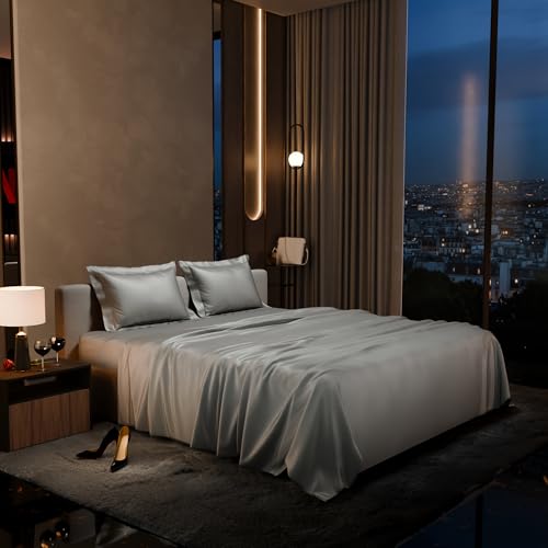 Stoa Paris Double Bedsheet with 2 Pillow Covers, 300 TC UltraSatin Premium Bedding Set, Aesthetic Home Decor, Gift for Couples, Wedding, Anniversary, Date Night - Harbour Mist Grey - Image 1