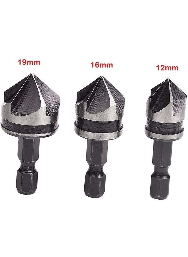 Hetkrishi - Hetkrishi Countersink Chamfer Drill Bit Set 12 16 19mm Hex Shank Power Drill Bit Bore Set for Wood Plastic And Soft Metal - Image 1