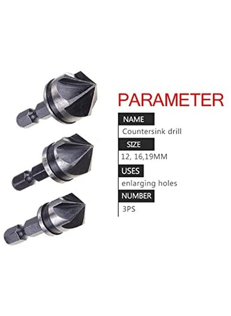 Hetkrishi - Hetkrishi Countersink Chamfer Drill Bit Set 12 16 19mm Hex Shank Power Drill Bit Bore Set for Wood Plastic And Soft Metal - Image 1