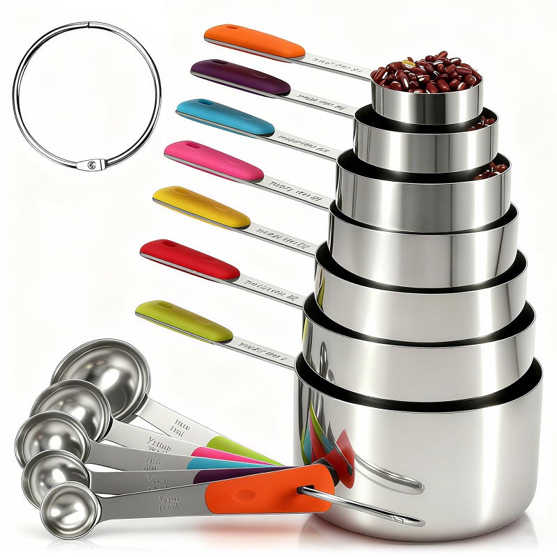 Bopei Measuring Cups and Spoons Set Stainless Steel 12 Piece for Cooking and Baking (7 Cups + 5 Spoons, Colorful Handles) - Image 1
