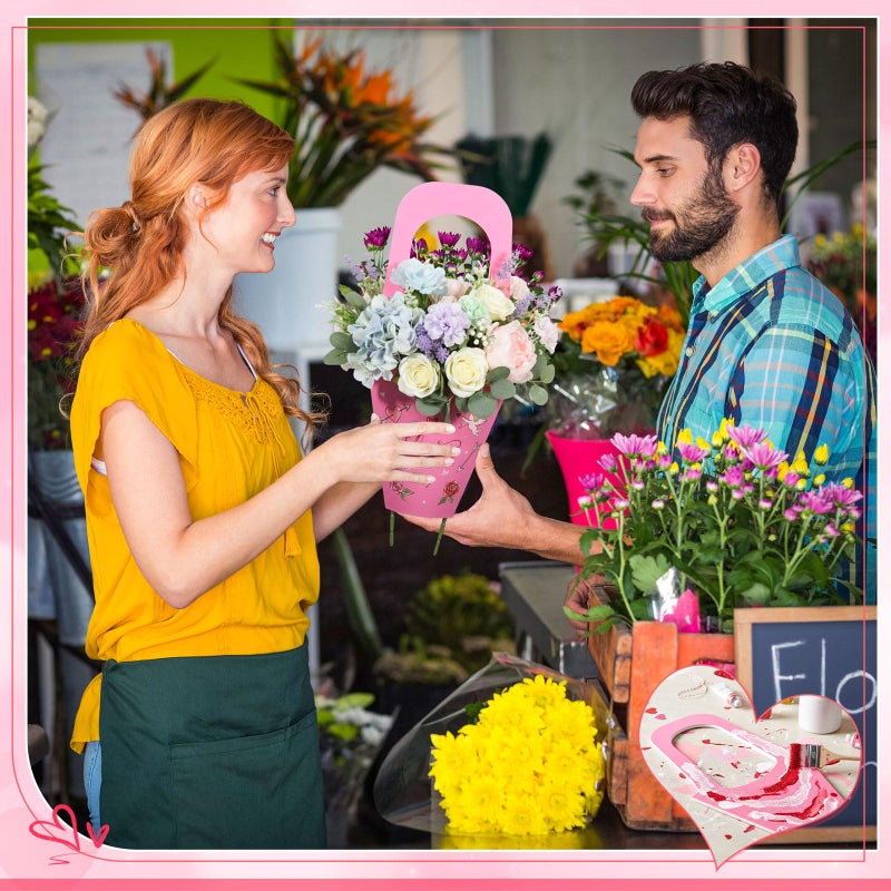 Chivertion 96 Pcs Valentine's Day Floral Boxes Bulk with Handle Pink Red Flower Gift Bags Florist Gift Packaging Arrangements Bouquet Holder for Birthday Wedding Mother's Day Bridal Party Decor - Image 5