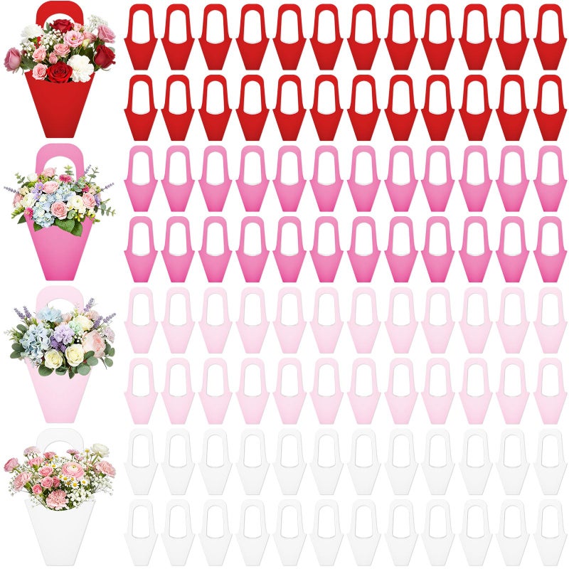 Chivertion 96 Pcs Valentine's Day Floral Boxes Bulk with Handle Pink Red Flower Gift Bags Florist Gift Packaging Arrangements Bouquet Holder for Birthday Wedding Mother's Day Bridal Party Decor - Image 1
