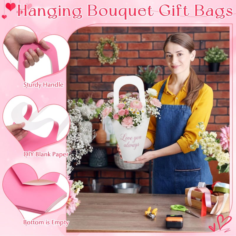 Chivertion 96 Pcs Valentine's Day Floral Boxes Bulk with Handle Pink Red Flower Gift Bags Florist Gift Packaging Arrangements Bouquet Holder for Birthday Wedding Mother's Day Bridal Party Decor - Image 3