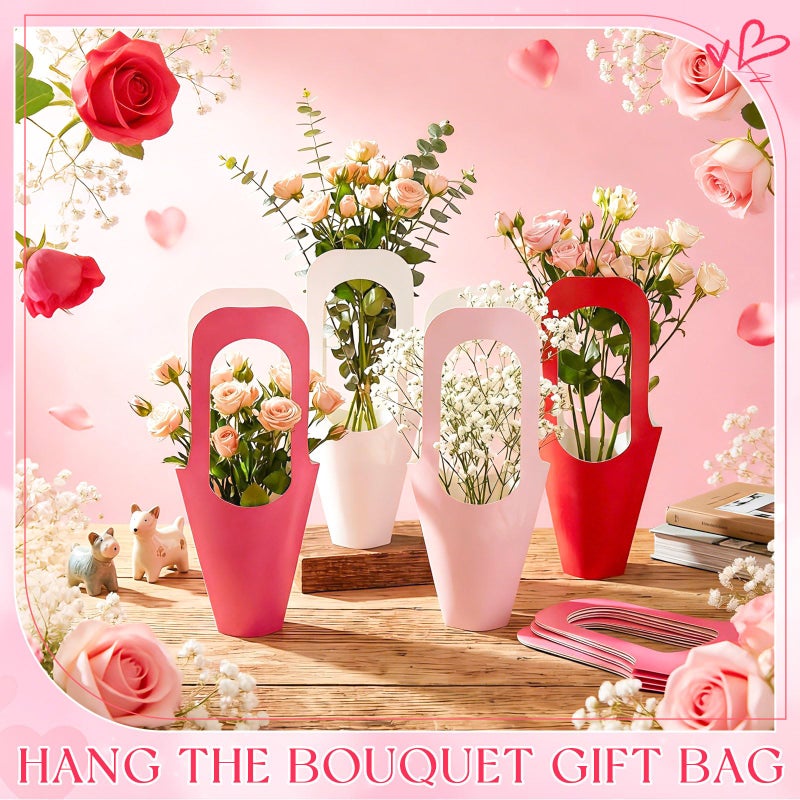 Chivertion 96 Pcs Valentine's Day Floral Boxes Bulk with Handle Pink Red Flower Gift Bags Florist Gift Packaging Arrangements Bouquet Holder for Birthday Wedding Mother's Day Bridal Party Decor - Image 4