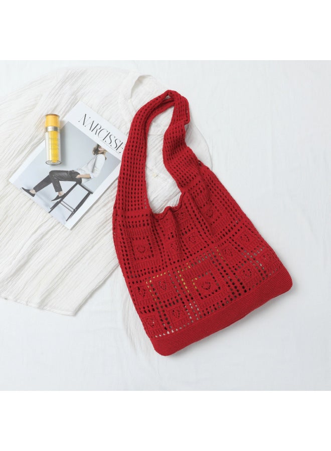Knitted Bag Women's Spring And Summer Hand Bag Retro Mesh Hollow Simple Woven Bag Women's Shoulder Bag Bags Bag-Color:openwork Red Bag - Image 1