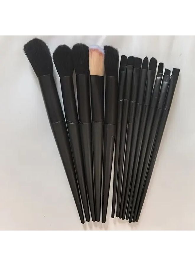13 Items Black Makeup Brush Set High Quality Polyester Bristles ABS Plastic Handles Includes Storage Bag - Image 1