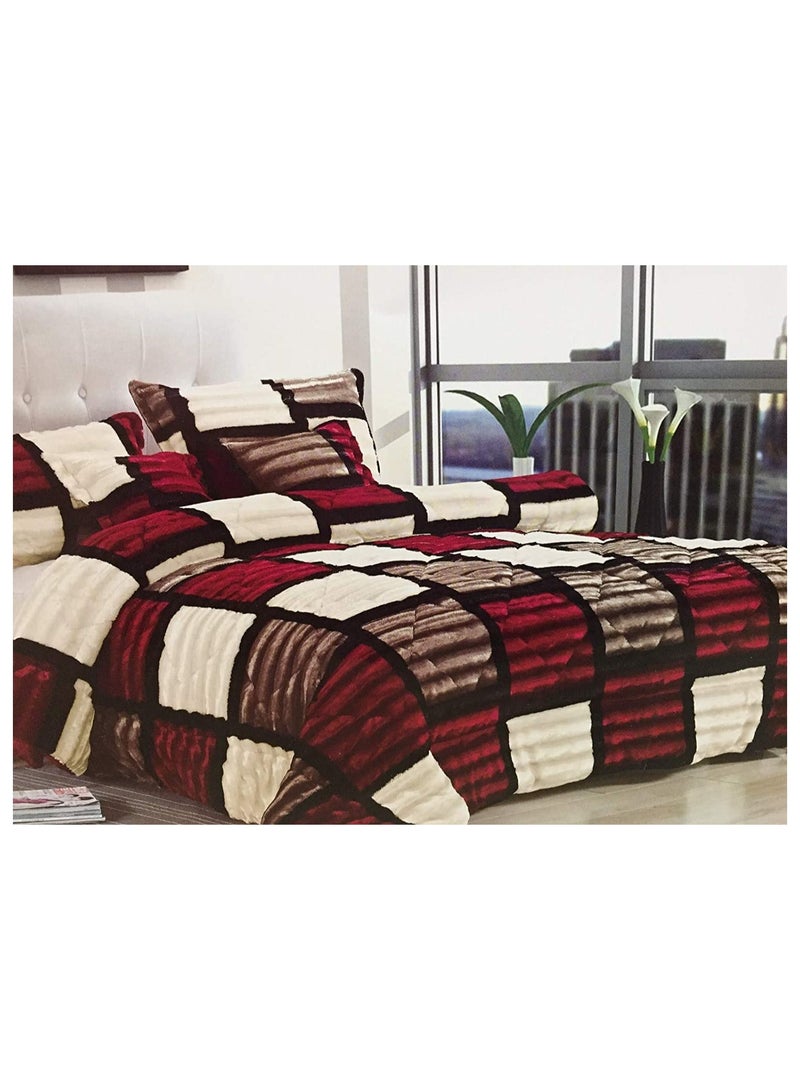 Comfy طقم لحاف مريح بحجم كينج من الفرو الصناعي 6 قطع باللونين الأحمر والأسود بتصميم مربعات - Image 1