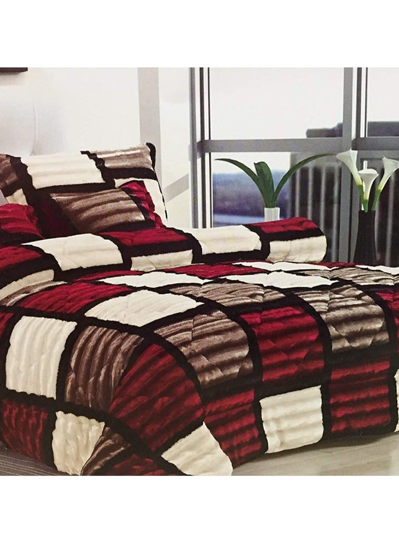 Comfy طقم لحاف مريح بحجم كينج من الفرو الصناعي 6 قطع باللونين الأحمر والأسود بتصميم مربعات - Image 2