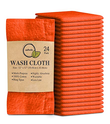 Softolle 100% Cotton Washcloths 24 Pack (12x12 Inches) Soft, Highly Absorbent Washcloth, Face Towels, Wash Cloths for Face, Ring Spun, Bulk Pack (Orange, 24 Pack) - Image 1