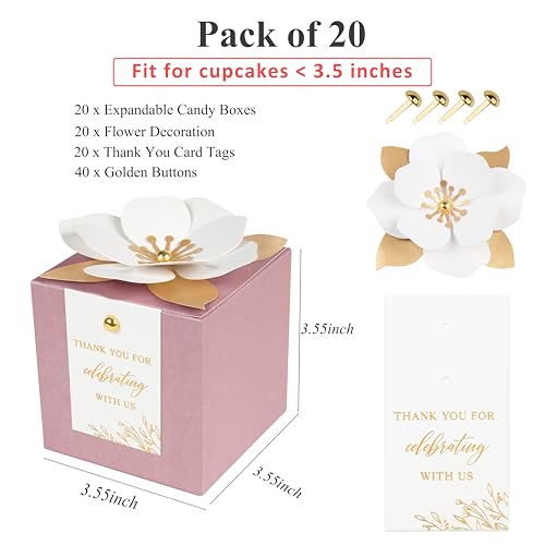 FEIYI 20 PCS Dusty Rose Gift Boxes 3 In 1 Favor Boxes with Floral Decor White Thank You Tags Cupcake Containers Gift wrapping for Wedding Baby Shower Birthday Decorations Party 355x355x355 - Image 3