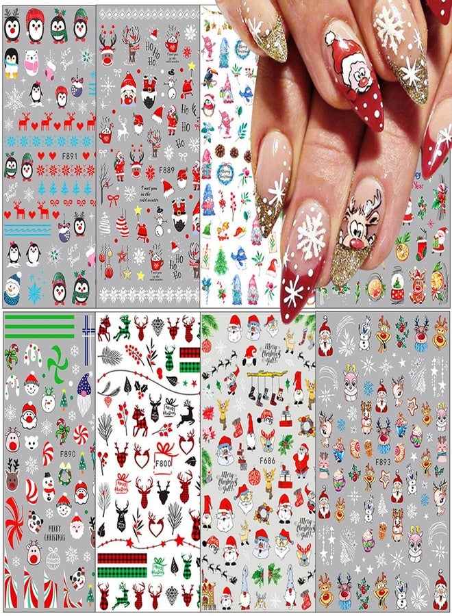 YKZFUI 8Sheets Christmas Nail Stickers 3D Xmas Nail Decals Winter Cartoon Elk Snowflake Santa Claus Snowman Bell Reindeer Buffalo Plaid Nail Designs Sticker for Women Girls Christmas Nail Art Decoration - Image 1