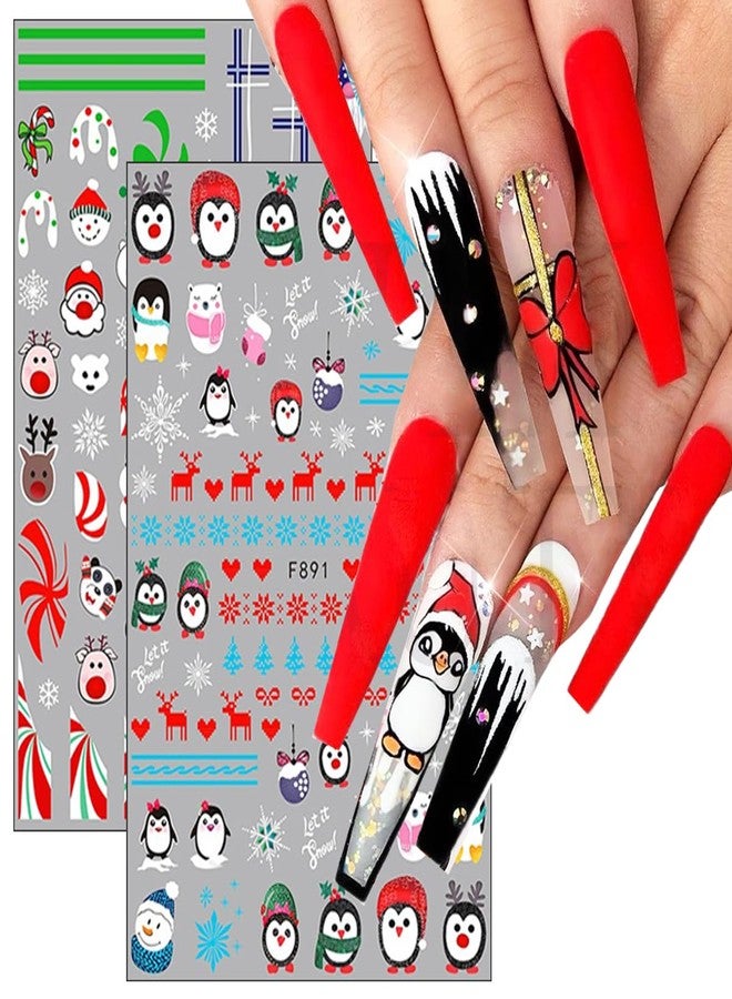 YKZFUI 8Sheets Christmas Nail Stickers 3D Xmas Nail Decals Winter Cartoon Elk Snowflake Santa Claus Snowman Bell Reindeer Buffalo Plaid Nail Designs Sticker for Women Girls Christmas Nail Art Decoration - Image 3