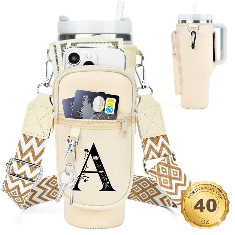 LOKASS Initial Water Bottle Holder with Strap for Stanley Cup 40oz Tumbler with HandleInsulated Water Bottle Carrier Bag with Phone Pocket Floral Carabiner for Stanley Cup Accessories Cream A - Image 2