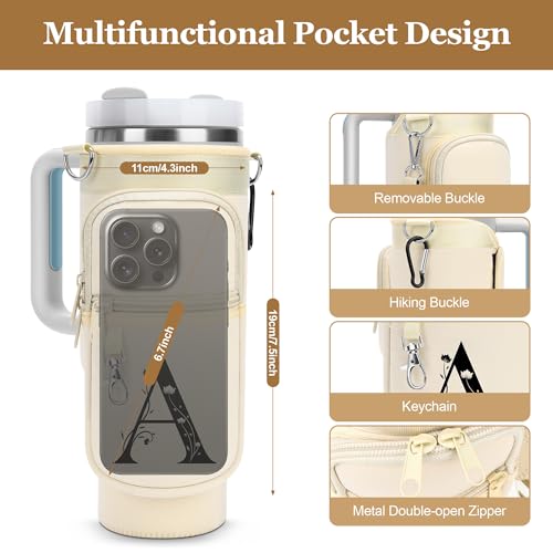 LOKASS Initial Water Bottle Holder with Strap for Stanley Cup 40oz Tumbler with HandleInsulated Water Bottle Carrier Bag with Phone Pocket Floral Carabiner for Stanley Cup Accessories Cream A - Image 3