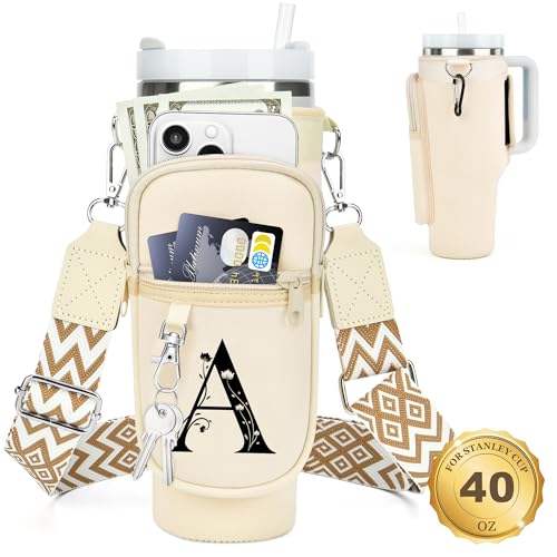 LOKASS Initial Water Bottle Holder with Strap for Stanley Cup 40oz Tumbler with HandleInsulated Water Bottle Carrier Bag with Phone Pocket Floral Carabiner for Stanley Cup Accessories Cream A - Image 1