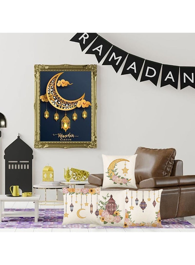 VUCATIN 4PCS Linen Ramadan Mubarak Pillow Covers 18x18" Light Moon Stars Ramadan Cushion Cover Zipper Throw Pillow Covers for Couch Sofa Car Living Room Home Decor Pillowcase - Image 2