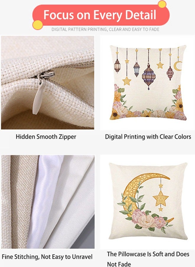 VUCATIN 4PCS Linen Ramadan Mubarak Pillow Covers 18x18" Light Moon Stars Ramadan Cushion Cover Zipper Throw Pillow Covers for Couch Sofa Car Living Room Home Decor Pillowcase - Image 3