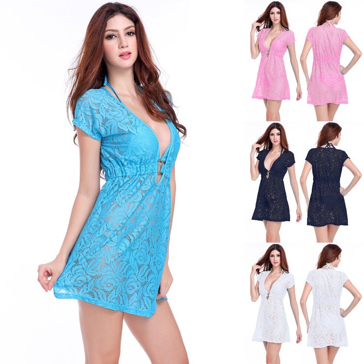 فستان شاطئ الدانتيل مع الشير عميق V-Neck, فستان عطلة مثير, مصنع الأسهم السائبة, قطعة واحدة قطرة الشحن, إيباي البند الساخن - Image 5