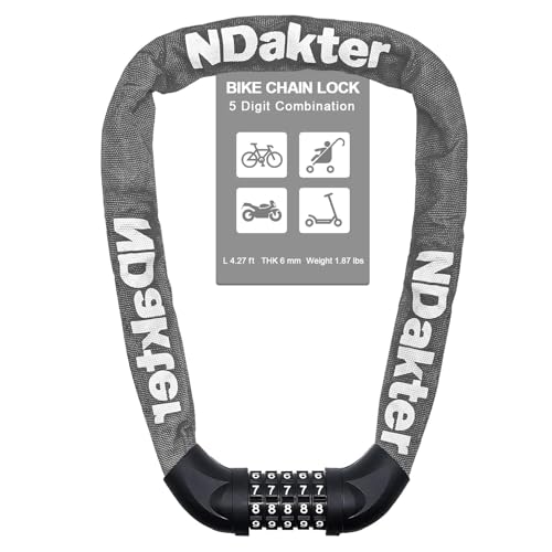 NDakter Bike Lock, 5 Digit Combination Heavy Duty Anti Theft Bicycle Chain Lock, 2.62/3.2/4.27/5/6Ft Long, High Security Resettable, Suitable for Bike, Scooter, Door, Gate, Fence-4/6mm Thick - Image 1