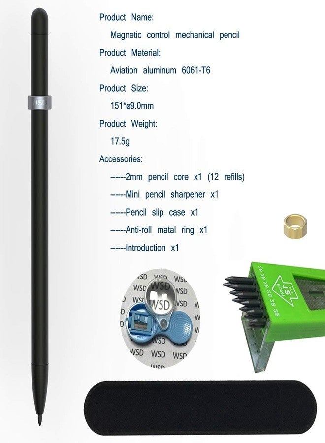 WSD Mechanical Pencils, Magnetic Control Pencil, CNC Machined, Universal 2.0mm Pencil Refill, Black - Image 5