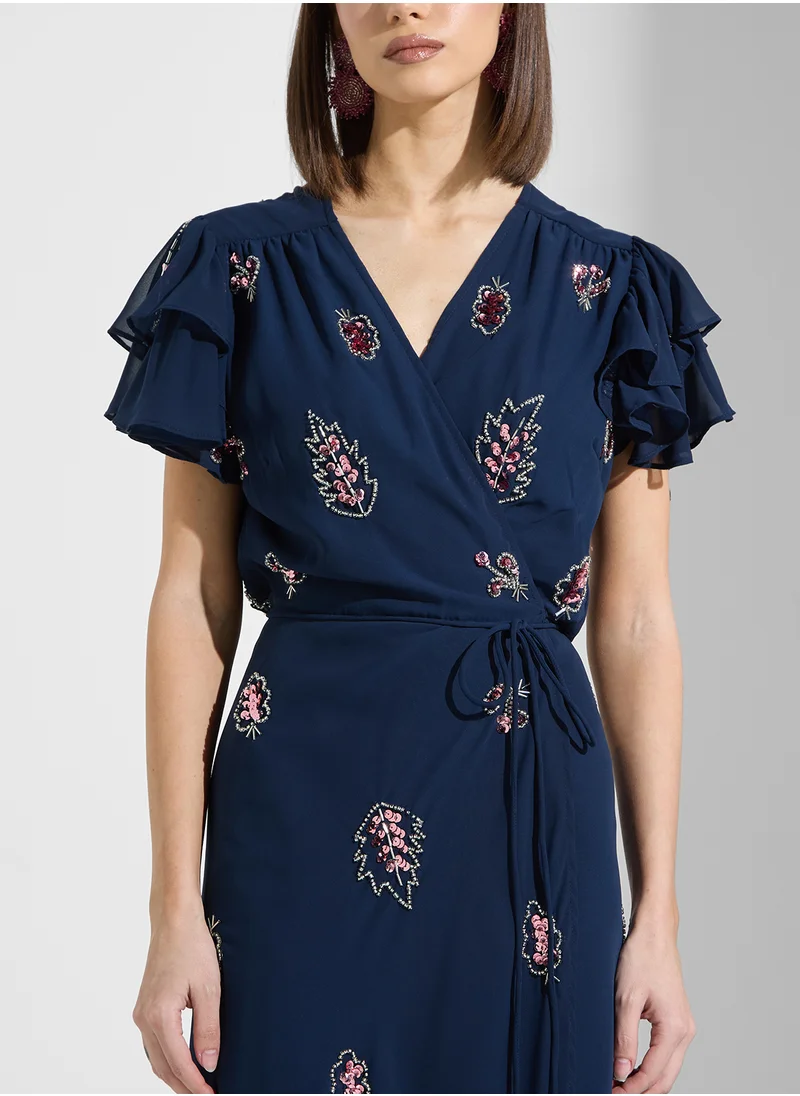 هوب اند ايفي Frill Sleeve Embellished Maxi Wrap Dress